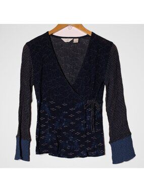 J Jill Sheer Floral Wrap Top Mixed Print Navy Blue 90's Size 4